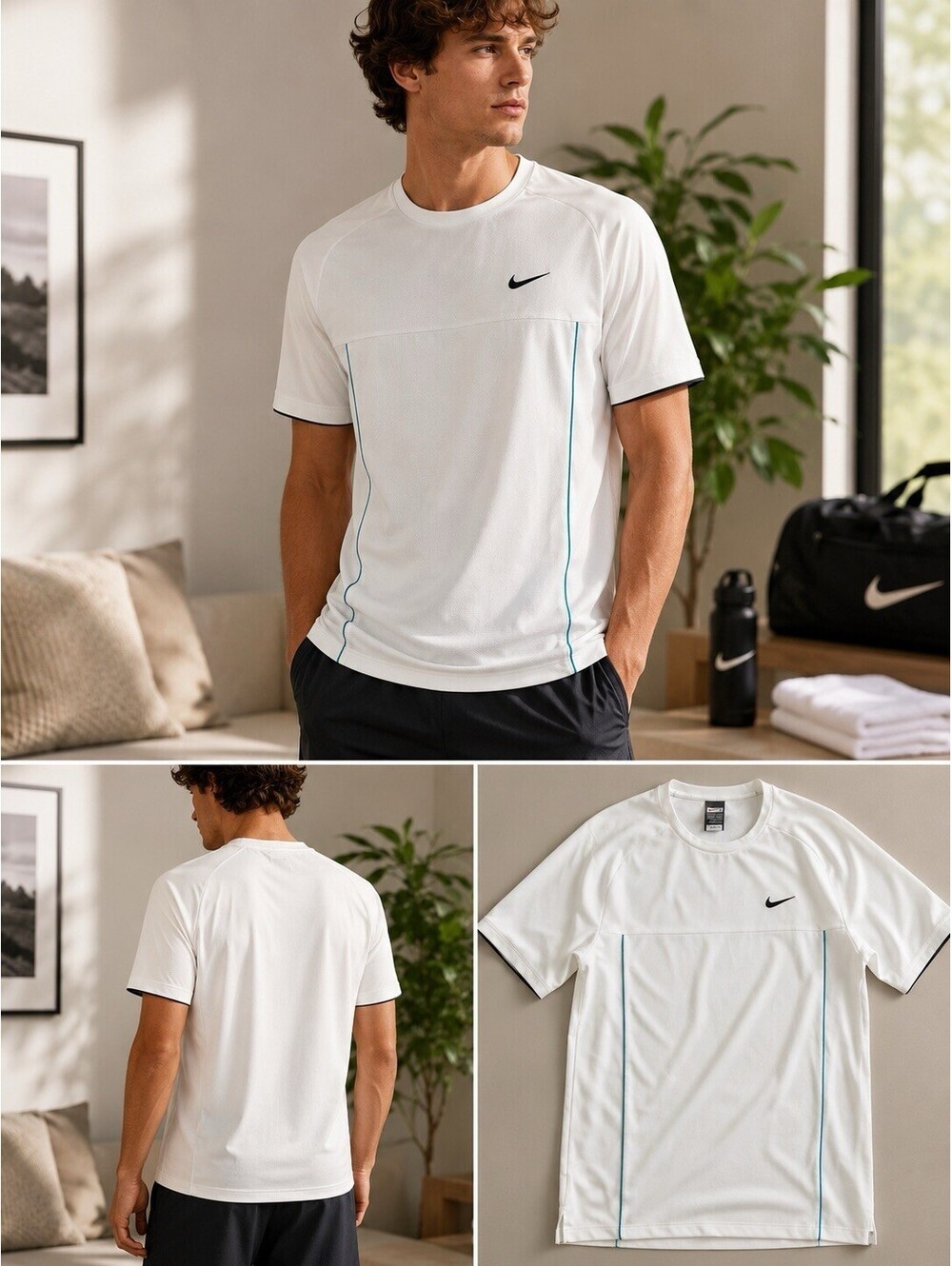 Nike FITDRY Men’s Large White Athletic Performance Shirt Short Sleeve Blue Trim